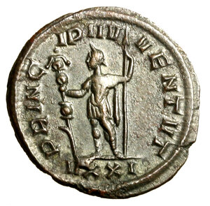 reverse: CARINO Cesare (283-285) Antoniniano per Ticinum. Busto rad. a ds. R/ PRINC IPI IV VENTVTI, Carino stante a sn. con asta e insegna. RIC 186; C. 105   AE   (g. 4,22)  RARO    SPL