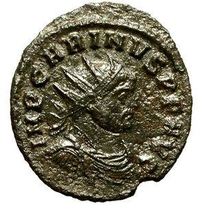 obverse: CARINO (283-285) Antoninianus per Ticinum (22 mm, g. 3.15) IMP CARINVS P F AVG, Busto rad., drapp. e corazz. a ds. R/ FELICIT PVBLICA, Felicitas stante con caduceo. RIC 295.   AE    qBB