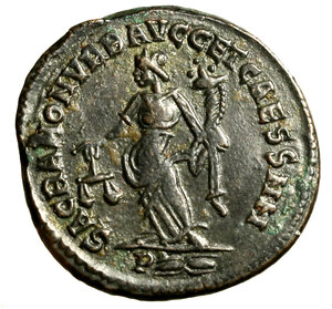 reverse: DIOCLEZIANO (300-301) Follis per Roma. Testa laur. a ds. R/ SACRA MONETA stante a sn. con bilancia e cornucopia. RIC VI, 100a.   (27mm, g. 10.96)   RARO    qSPL