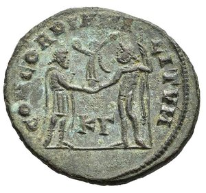 reverse: DIOCLEZIANO (285-305). Cizico. Radiato post riforma. 294-299 circa. AE (2,85 g). D/ IMP C C VAL DIOCLETIANVS P F AVG, busto radiato e corazzato a destra; R/ CONCORDIA MILITVM, KΓ, Diocleziano riceve globo niceforo da Giove. RIC VI 15a.nr.reg.601/24