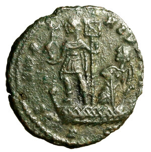 reverse: COSTANTE (337-350) Follis ridotto per zecca incerta (23 mm, g. 4.30) Busto diad. a ds. R/ Costante in abiti militari con globo sormontato da vittoria e labaro, su galea guidata da una vittoria alata.   AE    raro    +BB    