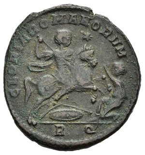 reverse: MAGNENZIO (350-353). Roma. Maiorina o AE2. AE (5,17 g). D/ D N MAGNENTIVS P F AVG, busto drappeggiato e corazzato a destra; R/ GLORIA ROMANORVM, Magnenzio, a cavallo, traffige un nemico, a terra uno scudo e una lancia, in alto una stella, in esergo RQ RIC VIII 197. BB. nr.reg.601/24