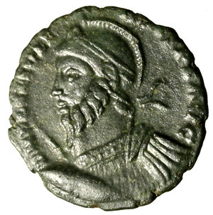 obverse: GIULIANO il Filosofo (362-363)  Follis ridotto per Roma. Busto elmato a sn. con lancia e scudo R/ VOT/ X/ MVLT/ XX in corona d alloro. RIC 329  AE    (g. 2,14)   Raro  patina verde  SPL