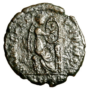 reverse: EUDOXIA (moglie di Arcadio) Follis ridotto per zecca incerta (mm. 17, g. 2.05) AEL EVDO - XIA AVG Busto diad. a ds. coronato dalla Manus Dei. R/ SALVS REI - PVBLICAE Vittoria seduta a ds. traccia un Chi-Rho su uno scudo sostenuto da una colonna.     AE    raro  qBB