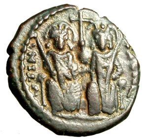 obverse: GIUSTINO II e SOFIA (565-578) 10 nummi per Antiochia (Theoupolis). Giustino e Sofia in trono R/ Valore I tra ANNO X/ III; sopra, croce. (20 mm., g. 3,42) Sear 383; DOC 178   AE   raro  SPL