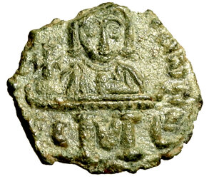 reverse: LEONE III Isaurico con COSTANTINO V (717-741) Follis per Siracusa (722-730) Busto frontale coronato e drapp. di Leone, con globo crucigero e akakia R/ Busto frontale coronato e drapp. di Costantino, con globo crucigero e akakia, posto su una barra orizzontale; in esergo, grande M tra SC-L. Dumb. 54; Sear 1530 (g. 3,11)    AE   splendida patina verde  +SPL    RARO