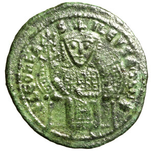 obverse: LEONE VI (886-912) Follis per Costantinopoli. Leone di fronte, in trono, diad., con labaro e akakia R/ Scritta in 4 linee. Dumb. 8; Sear 1782.    AE  (g. )   RARO    +BB