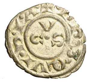 obverse: ANCONA. Repubblica (sec. XIII) Denaro. Croce R/ Lettere CVS a triangolo. CNI 15    MI     (g. 0.61)  SPL