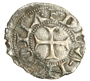 reverse: ANCONA. Repubblica (sec. XIII) Denaro. Croce R/ Lettere CVS a triangolo. CNI 77 var.    MI     (g. 0.53)  +SPL