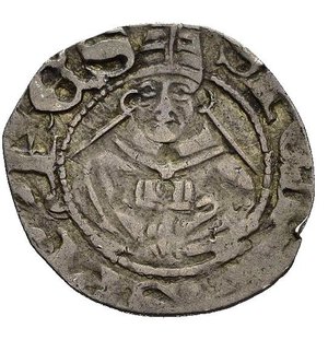 reverse: L AQUILA. Ludovico I d Angiò pretendente (1382-1384). Bolognino. Ag (0,53 g). D/ letter AQLA nel campo disposte a croce; R/ busto frontale si San Pietro da Morrone Celestino V. MIR 49. NC. Tosato, qBB