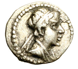 obverse: BACTRIA. Eucratide (170-145 a. C.) Obolo. Busto laur. a ds. R/ Cappelli dei Dioscuri. SNG ANS 454.    (g. 0,66)   AR    RARO   qSPL