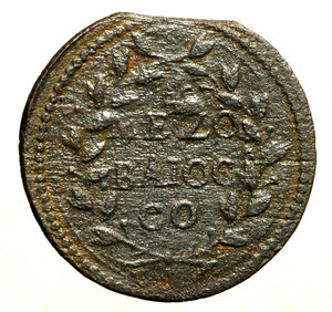 reverse: GUBBIO. Innocenzo X (1644-1655)Mezzo baiocco A/ X. Stemma R/ giglio/ MEZO/ BAIOC/ CO tra rami. Munt. 121/b; MIR 1833/3; BER 1866      CU     (g. 6,50)    RARO    BB