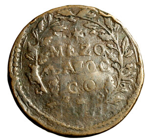 reverse: GUBBIO. Clemente IX (1667-1669) Mezzo baiocco. Stemma R/ */ MEZO/ BAIOC/CO tra rami. Munt.       (g. 7,50)    CU      Raro     +BB