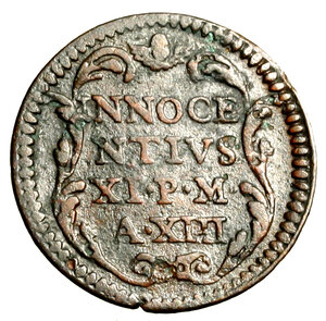 reverse: GUBBIO. Innocenzo XI (1676-1689)Quattrino A/ XIII Stemma tra rami R/ INNOCE/ NTIVS/ XI P M/ A XIII in cartella. CNI 71; Munt. 300     (g. 3,29)   CU    +BB