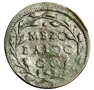 reverse: GUBBIO. Clemente XI (1700-1721) Mezzo baiocco. Stemma R/ MEZO/ BAIOC/ CO tra rami. Munt. 252.    (g. 7,84)    MOLTO RARO   +BB