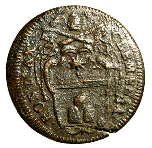 obverse: GUBBIO. Clemente XI (1700-1721)Mezzo baiocco A/ XIX. Stemma R/ MEZO/ BAIOC/CO tra rami. Munt. 254    (g. 5,82)      CU  RARO   qSPL