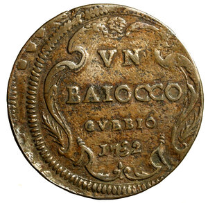 reverse: GUBBIO. Clemente XII (1730-1740)Baiocco 1732/ III. Stemma R/ VN/ BAIOCCO/ GVBBIO/ 1732 in cartella. CNI 18; Munt. 201a; Berm. 2696.    (g.16,62 )   CU    +BB