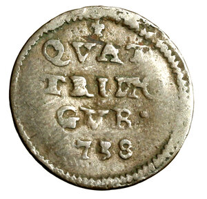 reverse: GUBBIO. Clemente XII (1730-1740)Quattrino 1738. Stemma R/ QVAT/ TRINO/ GVB/ 1738. Munt. 221    RARO   (g. 2.28)   CU    BB