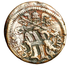 obverse: GUBBIO. Clemente XII (1730-1740)Quattrino. Stemma R/ Busto di S. Pietro a ds. Munt. 245   (g. 2,28)       CU    +BB