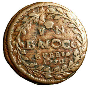 reverse: GUBBIO. Benedetto XIV (1740-1758)Baiocco 1751. Stemma R/ VN/ BAIOCCO/ GVBBIO/ 1751 in ghirlanda di rami. Munt. 454.    RARO   (g. 12,44)   CU    +BB