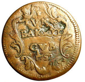 reverse: GUBBIO. Benedetto XIV (1740-1758)Baiocco 1752/ XII. Stemma R/ VN/ BAIOCCO/ GVBBIO/ 1752 in cartella. Munt. 458.    RARO   (g. 12,70)   CU    +BB