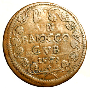 reverse: GUBBIO. Benedetto XIV (1740-1758)Baiocco 1753. Stemma R/ VN/ BAIOCCO/ GVBBIO/ 1753 tra tralci di vite. Munt. 467.    RARO   (g. 10,54)   CU    BB