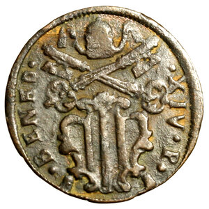 obverse: GUBBIO. Benedetto XIV (1740-1758) Mezzo baiocco 1757. Stemma R/ MEZZO/ BAIOCCO/ GVBBIO/ 1757 tra tralci di vite. Munt. 506a; CNI 213     (g. 4,31)   MOLTO RARO    CU    BB