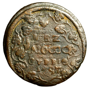 reverse: GUBBIO. Benedetto XIV (1740-1758) Mezzo baiocco 1757. Stemma R/ MEZZO/ BAIOCCO/ GVBBIO/ 1757 tra tralci di vite. Munt. 506a; CNI 213     (g. 4,31)   MOLTO RARO    CU    BB