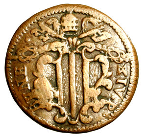 obverse: GUBBIO. Benedetto XIV (1740-1758)Quattrino. Stemma R/ S. Ubaldo stante a sn. Munt. 562.     S VRALDVS anziché S VBALDVS!    RARO   (g. 3,62)   CU      +BB