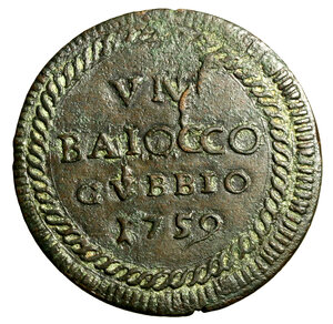 reverse: GUBBIO. Clemente XIII (1758-1769)Baiocco 1759. Stemma R/ VN/ BAIOCCO/ GVBBIO/ 1759 in ghirlanda. Munt.49; Berm. 2919.     (g. 11,08)    CU    qSPL