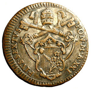 obverse: GUBBIO. Pio VI (1775-1799)Due baiocchi A/ XXI. Stemma di piccole dimensioni sormontato da chiavi decussate e tiara R/ DVE/ BAIOCCHI/ DI/ GVBBIO/ * in ghirlanda. Munt. 357; CNI 18.   (g. 17,71)       CU    RARISSIMO +SPL