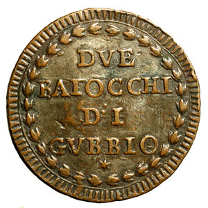 reverse: GUBBIO. Pio VI (1775-1799)Due baiocchi A/ XXI. Stemma di piccole dimensioni sormontato da chiavi decussate e tiara R/ DVE/ BAIOCCHI/ DI/ GVBBIO/ * in ghirlanda. Munt. 357; CNI 18.   (g. 17,71)       CU    RARISSIMO +SPL