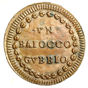 reverse: GUBBIO. Pio VI (1775-1799)Baiocco A/ XVIII. Stemma R/ VN/ BAIOCCO/ GVBBIO in ghirlanda. Berm. 3112; Munt. 360.     (g. 11,75)   CU    +SPL