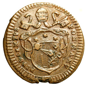 obverse: GUBBIO. Pio VI (1775-1799)Mezzo baiocco A/ XV. Stemma R/ MEZZO/ BAIOCCO/ GVBBIO in ghirlanda. CNI 4; Munt. 367.     (g. 5,07)   CU    RARO   SPL