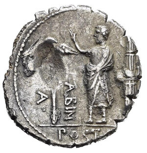 reverse: REPUBBLICA ROMANA. A. Postumio Albinio. Roma. Denario. 81 a.C. circa AR (3,35 g). D/ testa di Hispania a destra, dietro HISPAN. R/ figura togata tra fascio littorio e aquila, A-ALBIN; in esergo POST. Crawford 372/2; Sydenham 746; BB.  nr.reg.601/24