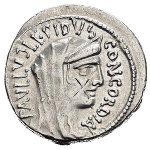 obverse: REPUBBLICA ROMANA. L. Emilio Paolo. Roma. Denario. 62 a.C. circa AR (3,91 g). D/ PAVLLVS LEPIDVS CONCORDIA testa della Concordia a destra. R/ PAVLLVS TER, L. Emilio Paolo stante accanto a trofeo e al re macedone Perseo e i suoi due figli, dopo la vittoria di Pidna del 168 a.C.. Crawford 415/1. Sydenham 926; BB.  nr.reg.601/24