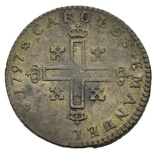 obverse: Regno di Sardegna. Carlo Emanuele IV (1796-1800). Soldo 1797. Torino. Mi (1,94 g). D/ croce piana; R/ monogramma. Gig. 17. BB+