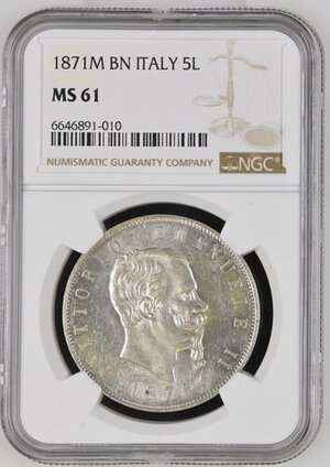 obverse: Regno d Italia. Vittorio Emanuele II. 5 lire 1871 M. Milano. Ag. In slab NGC - MS 61