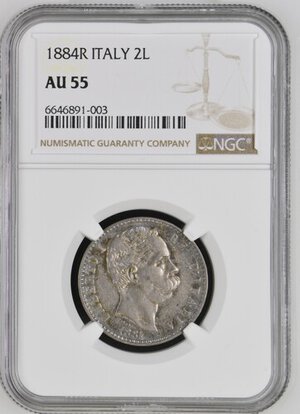 obverse: Regno d Italia. Umberto I (1878-1900). 2 Lire 1884. Ag. Patinata. In slab NGC - AU 55