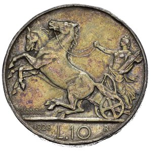 reverse: Regno d Italia. Vittorio Emanuele III (1900-1943). 10 lire 1928 due rosette **. Ag. Gig. 57a. RR. Colpetti al bordo. MB-BB