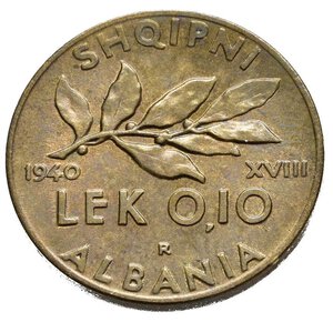 reverse: Regno d Italia. Vittorio Emanuele III (1900-1943). ALBANIA. 0,10 lek 1940 XVIII. Gig.15. SPL+