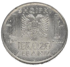 reverse: Regno d Italia. Vittorio Emanuele III (1900-1943). ALBANIA. 0,20 lek 1939 XVIII. Antimagnetica. Gig. 12. Rara. qFDC