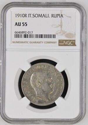 obverse: Regno d Italia. Somalia Italiana. Vittorio Emanuele III (1900-1943). 1 Rupia 1910. Ag. Gig.1. Non Comune. In slab NGC - AU 55