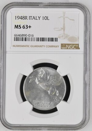 obverse: Repubblica Italiana. 10 lire 1948 Non comune. In slab NGC - MS 63+