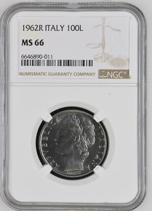 obverse: Repubblica Italiana. 100 Lire 1962 Minerva. In slab NGC - MS 66