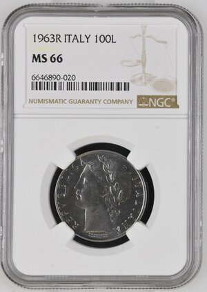 obverse: Repubblica Italiana. 100 Lire 1963 Minerva. Gig. 100. IN Slab NGC - MS 66 Top Pop!