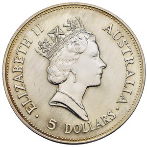 obverse: AUSTRALIA. Elisabetta II. 5 dollars 1990. 1 oz Kookaburra. Segni di pulizia