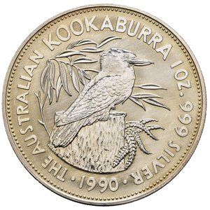 reverse: AUSTRALIA. Elisabetta II. 5 dollars 1990. 1 oz Kookaburra. Segni di pulizia