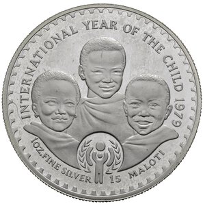 reverse: LESOTHO. 15 maloti 1979. International Year of the child. Ag. Proof