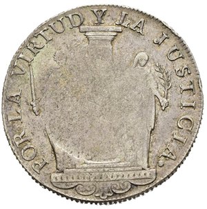 reverse: PERU. Lima. 8 reales 1824 contromarca su 8 reales 1822 (KM#136). Ag. KM#130. Bella conservazione per la tipologia. Rara. qSPL